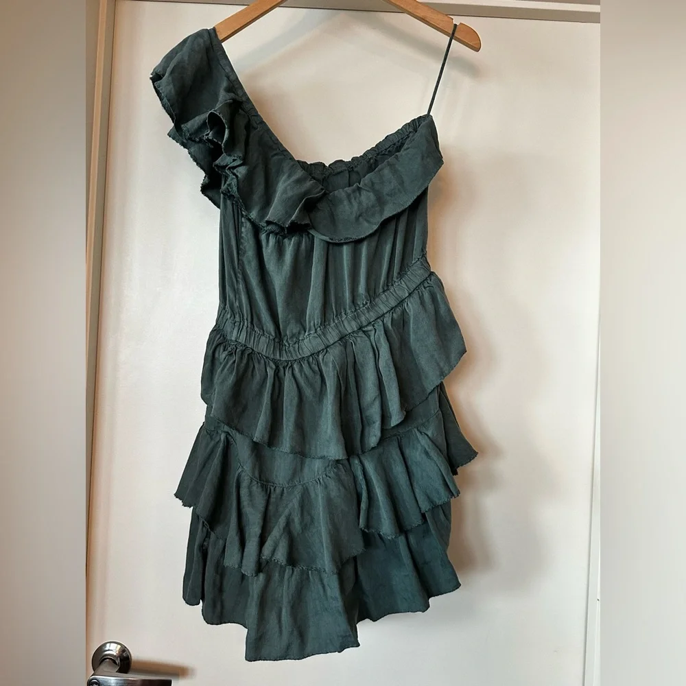 Isabel Marant Etoile One -Shoulder Ruffled Mini Dress in Sage Green. Size M. - Picture 6 of 16